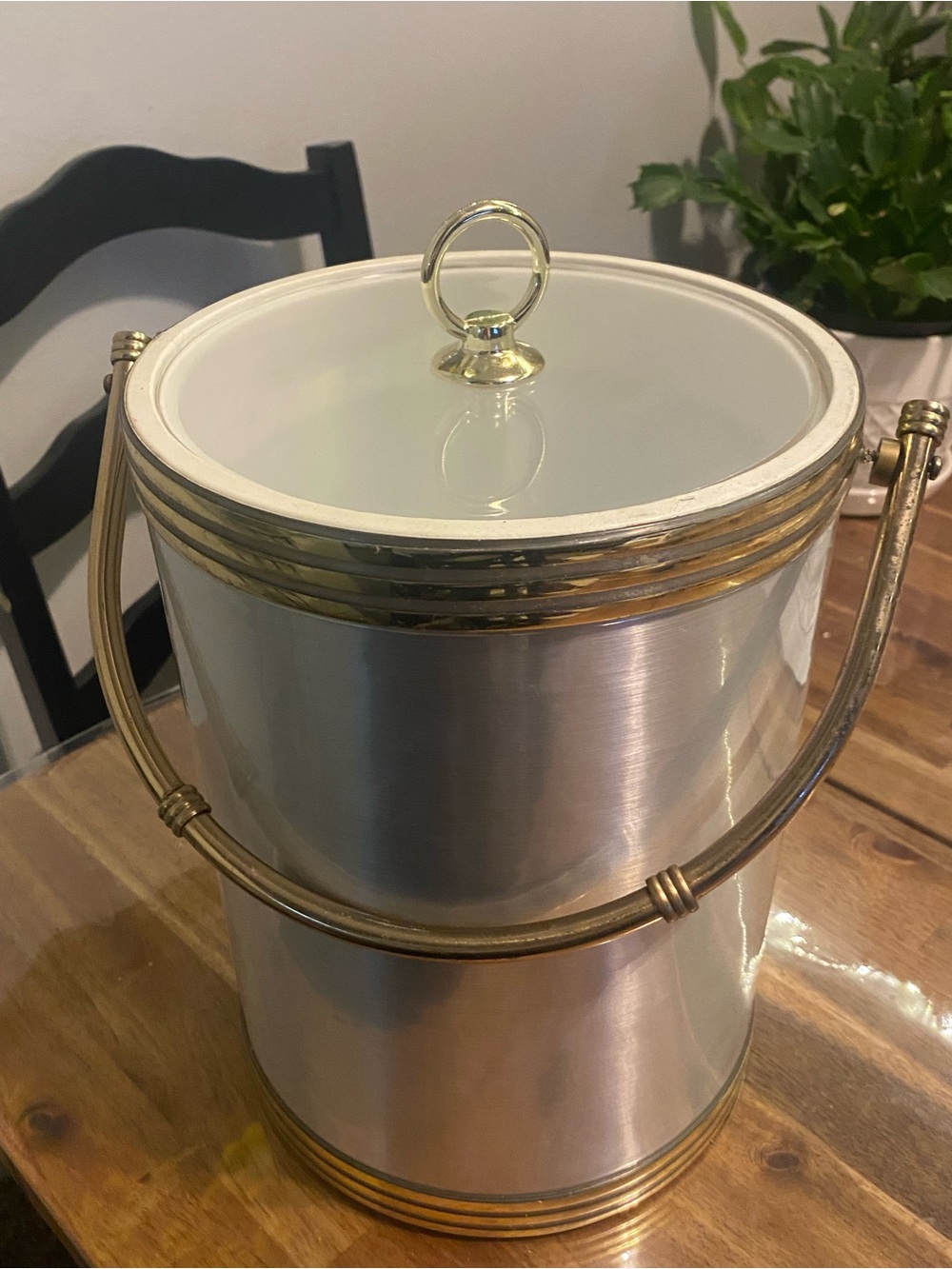 Silver and White MCM Ice Bucket with Gold Trim and Handle